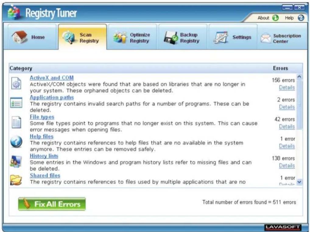 Registry Tuner Home Scan Registry Optimize Registry Backup Registry Settings Subscription Center Category Errors ActiveX and COM 156 errors Details ActiveX/COM objects were found that are based on libraries that are no longer in your system. These orphaned objects can be deleted. Application paths 2 errors Details The registry contains invalid search paths for a number of programs. These can be deleted. File types 42 errors Details Some file types point to programs that no longer exist on this system. This can cause error messages when opening files. Help files 1 error Details The registry contains references to help files that are no available in the system anymore. These entries can be removed safely. History lists 138 errors Details Some entries in the Windows and program history lists refer to missing files and can be deleted. Shared files 1 error Details The registry contains references to files used by multiple applications that are no Fix All Errors Total number of errors found = 511 errors