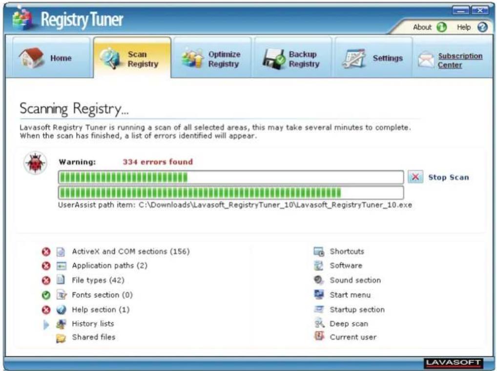 RegistryTuner Home Scan Registry Optimize Registry Backup Registry Settings Subscription Center Scanning Registry... Lavasoft Registry Tuner is running a scan of all selected areas, this may take several minutes to complete. When the scan has finished, a list of errors identified will appear. Warning: 334 errors found Stop Scan UserAssist path item: C:\Downloads\Lavasoft_RegistryTuner_10\Lavasoft_RegistryTuner_10.exe ActiveX and COM sections (156) Application paths (2) File types (42) Fonts section (0) Help section (1) History lists Shared files Shortcuts Software Sound section Start menu Startup section Deep scan Current user LAVASOFT