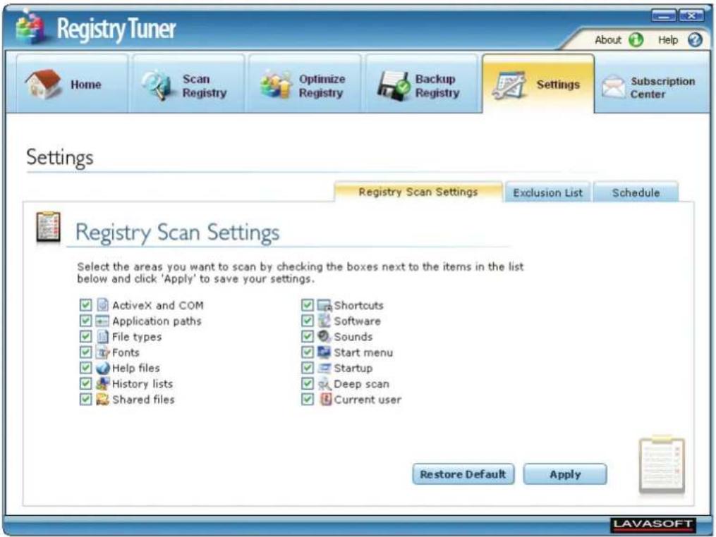 Registry Tuner Home Scan Registry Optimize Registry Backup Registry Settings Subscription Center Settings Registry Scan Settings Exclusion List Schedule Registry Scan Settings Select the areas you want to scan by checking the boxes next to the items in the list below and click 'Apply' to save your settings. ActiveX and COM Application paths File types Fonts Help files History lists Shared files Shortcuts Software Sounds Start menu Startup Deep scan Current user Restore Default Apply LAVASOFT