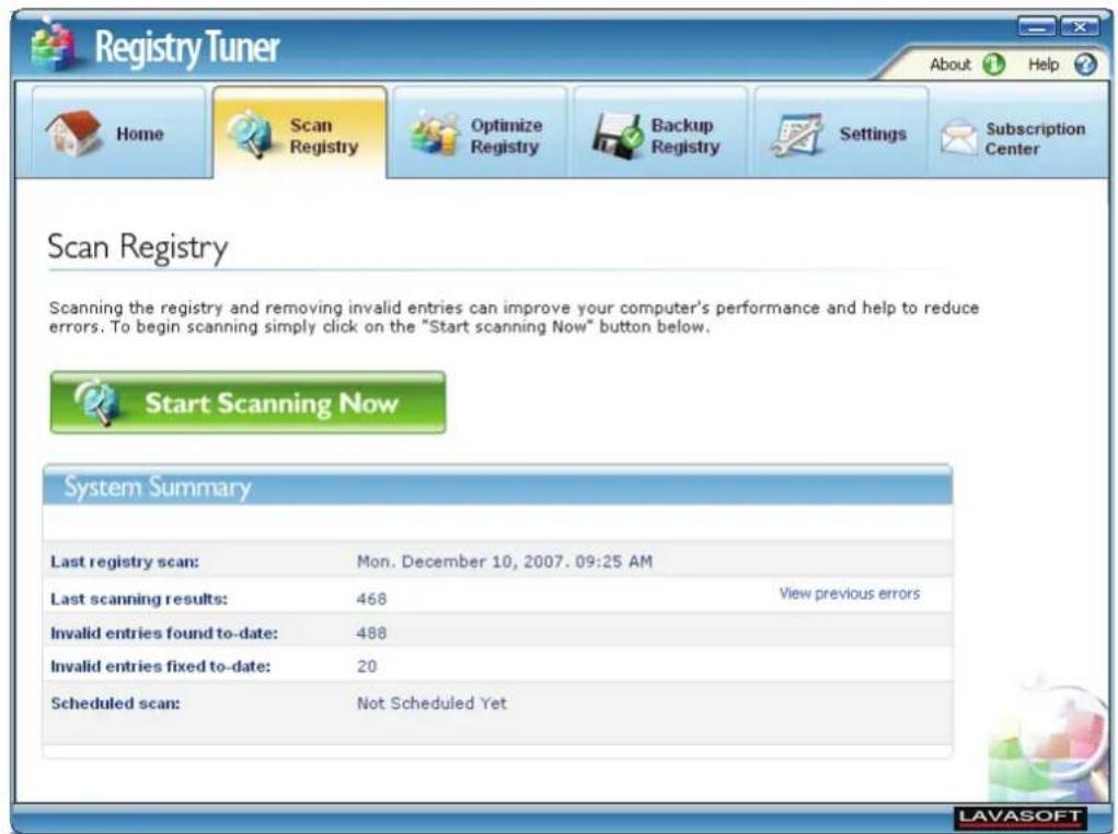 Registry Tuner Home Scan Registry Optimize Registry Backup Registry Settings Subscription Center Scan Registry Scanning the registry and removing invalid entries can improve your computer's performance and help to reduce errors. To begin scanning simply click on the "Start scanning Now" button below. Start Scanning Now System Summary Last registry scan: Mon. December 10, 2007. 09:25 AM Last scanning results: 468 View previous errors Invalid entries found to-date: 488 Invalid entries fixed to-date: 20 Scheduled scan: Not Scheduled Yet