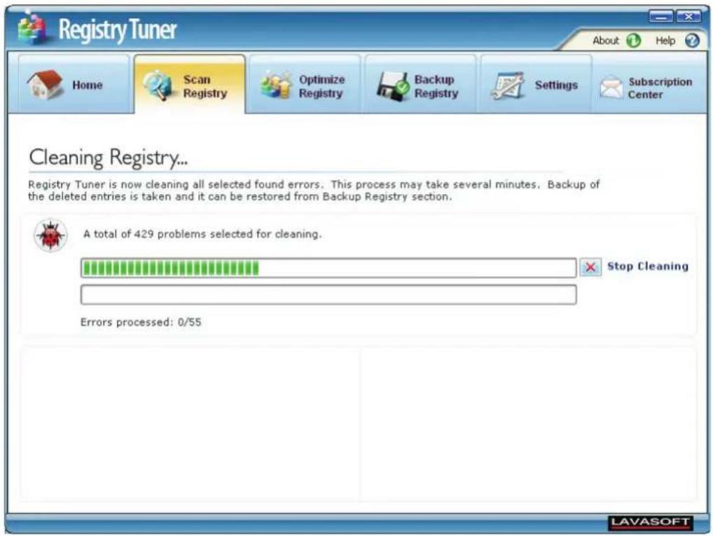 Registry Tuner Home Scan Registry Optimize Registry Backup Registry Settings Subscription Center Cleaning Registry... Registry Tuner is now cleaning all selected found errors. This process may take several minutes. Backup of the deleted entries is taken and it can be restored from Backup Registry section. A total of 429 problems selected for cleaning. Stop Cleaning Errors processed: 0/55 LAVASOFT
