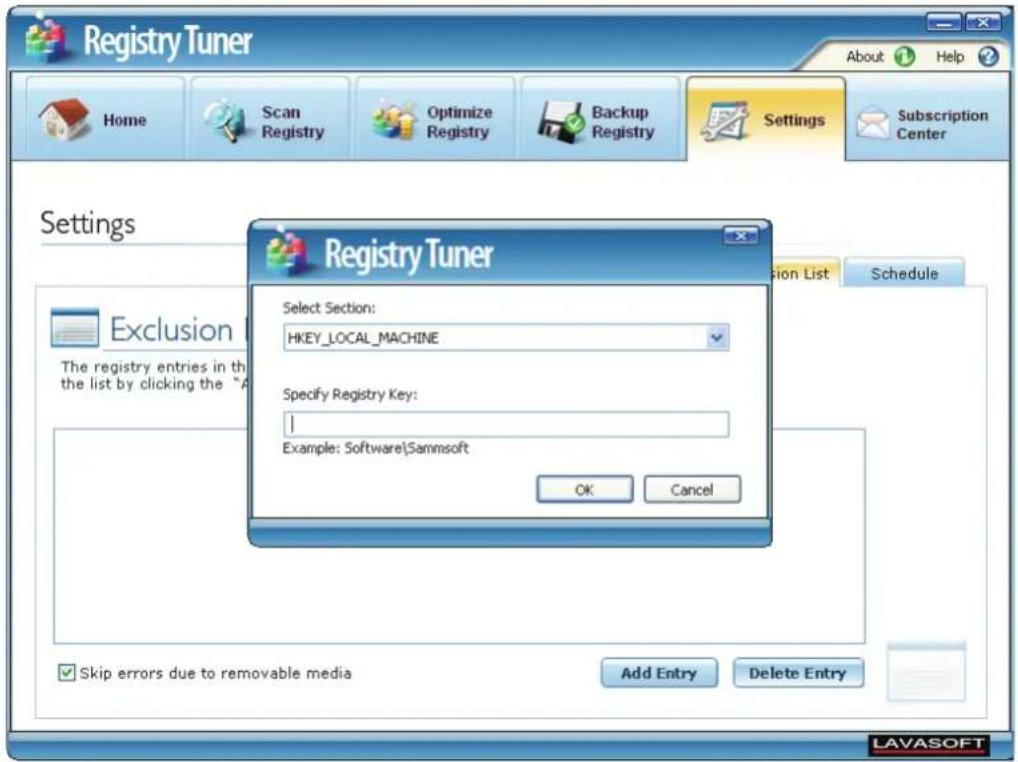 Registry Tuner Home Scan Registry Optimize Registry Backup Registry Settings Subscription Center Settings Registry Tuner Select Section: HKEY_LOCAL_MACHINE Specify Registry Key: 1 Example: Software\Sammsoft OK Cancel Exclusion The registry entries in the the list by clicking the "A" Skip errors due to removable media Add Entry Delete Entry LAVASOFT