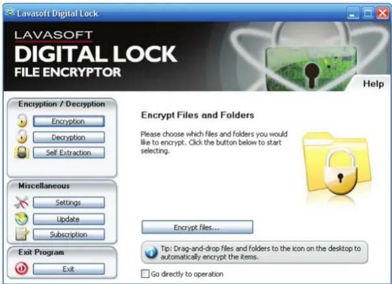 Lavasoft Digital Lock LAVASOFT DIGITAL LOCK FILE ENCRYPTOR Help Encryption / Decryption Encryption Decryption Self Extraction Miscellaneous Settings Update Subscription Exit Program Exit Encrypt Files and Folders Please choose which files and folders you would like to encrypt. Click the button below to start selecting. Encrypt files... Tip: Drag-and-drop files and folders to the icon on the desktop to automatically encrypt the items. Go directly to operation