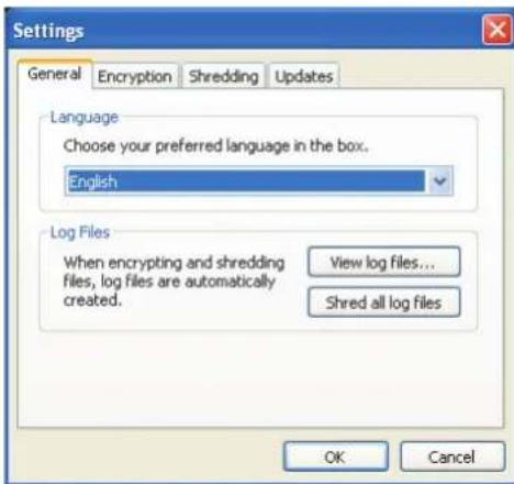 Settings General Encryption Shredding Updates Language Choose your preferred language in the box. English Log Files When encrypting and shredding files, log files are automatically created. View log files... Shred all log files OK Cancel