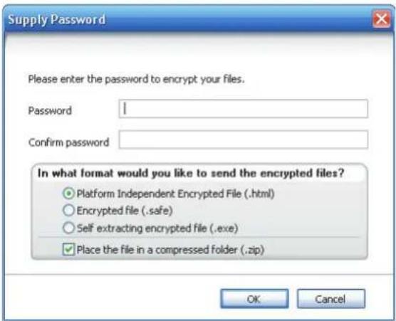 Supply Password Please enter the password to encrypt your files. Password Confirm password In what format would you like to send the encrypted files? • Platform Independent Encrypted File (.html) ○ Encrypted file (.safe) ○ Self extracting encrypted file (.exe) ✓ Place the file in a compressed folder (.zip) OK Cancel
