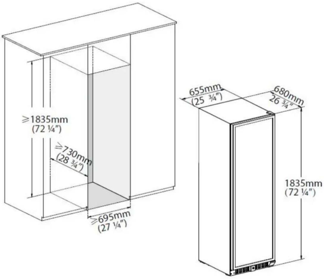 ≥1835mm (72 ¼") ≥730mm (28 ¾") ≥695mm (27 ¼") 655mm (25 ¾") 680mm 26 ¾" 1835mm (72 ¼")