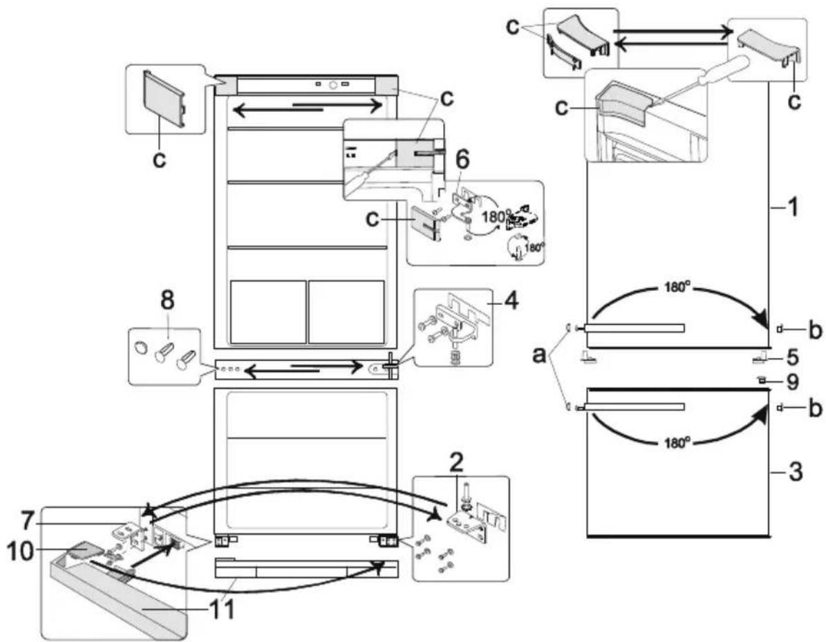 Technical diagram of a refrigerator interior with numbered components and 180° angle annotations for mechanical assembly.