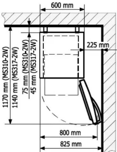 600 mm 1170 mm (MS310-2W) 1140 mm (MS317-2W) 75 mm (MS310-2W) 45 mm (MS317-2W) 225 mm 800 mm 825 mm