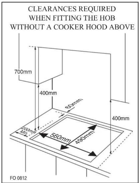 CLEARANCES REQUIRED WHEN FITTING THE HOB WITHOUT A COOKER HOOD ABOVE 700mm 400mm 60mm 400mm 200mm 560mm 490mm FO 0812