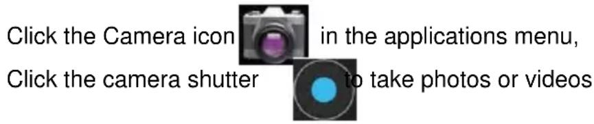 Click the Camera icon in the applications menu, Click the camera shutter to take photos or videos