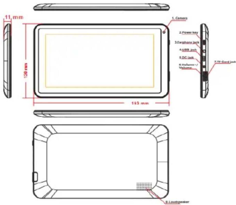 11 mm 120 mm 193 mm 1. Camera 2. Power key 3. Earphone jack 4. USB jash 5. DC jack 6. Volumere / Volume 7. TF Card jash 8. Loudpasser