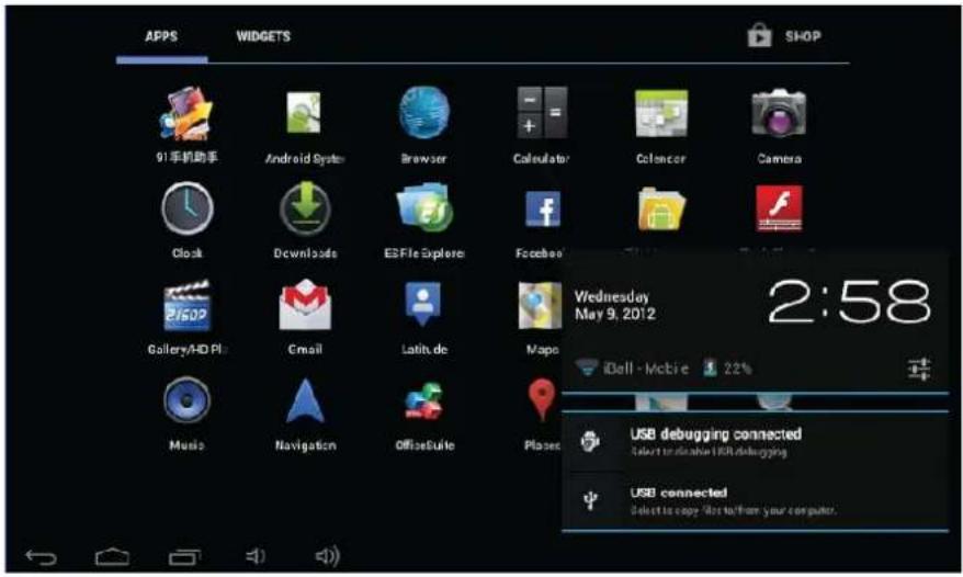 APPS WIDGET'S SHOP 91手机助手 Android System Browser Calculator Calculator Camera Clock Downloads ESFile Explorer Facebook Wednesday May 9, 2012 2:58 iDell - Mobile 22% Gallery/HD File Email Latit de Maps Music Navigation OfficeSuite Places USB debugging connected Select to disable USB debugging USB connected Select to copy like to from your computer.