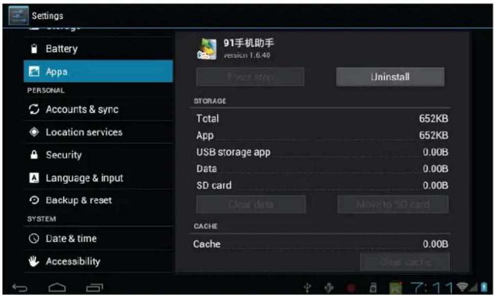 Settings Battery Apps PERSONAL Accounts & sync Location services Security Language & input Backup & reset SYSTEM Date & time Accessibility 91手机助手 version 1.6.40 Uninstall STORAGE Total 652KB App 652KB USB storage app 0.00B Data 0.00B SD card 0.00B Clear data Move to SD card CACHE Cache 0.00B Clear cache