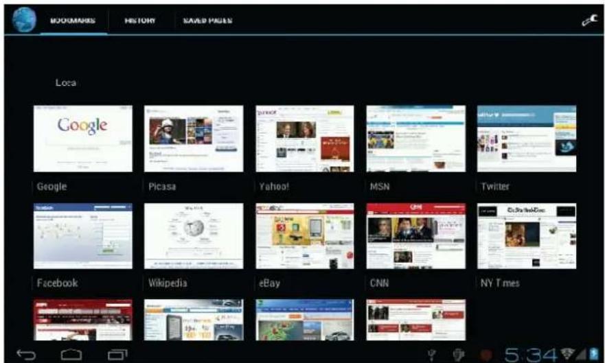 BOOKMARS HISTORY SAVED PAGE Loca Google Picasa Yahoo! MSN Twitter Facebook Wikipedia eBay CNN NY Times