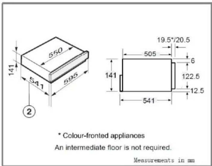 550 141 541 595 ② 141 505 19.5"/20.5 6 122.5 12.5 541 * Colour-fronted appliances An intermediate floor is not required. Measurements in mm