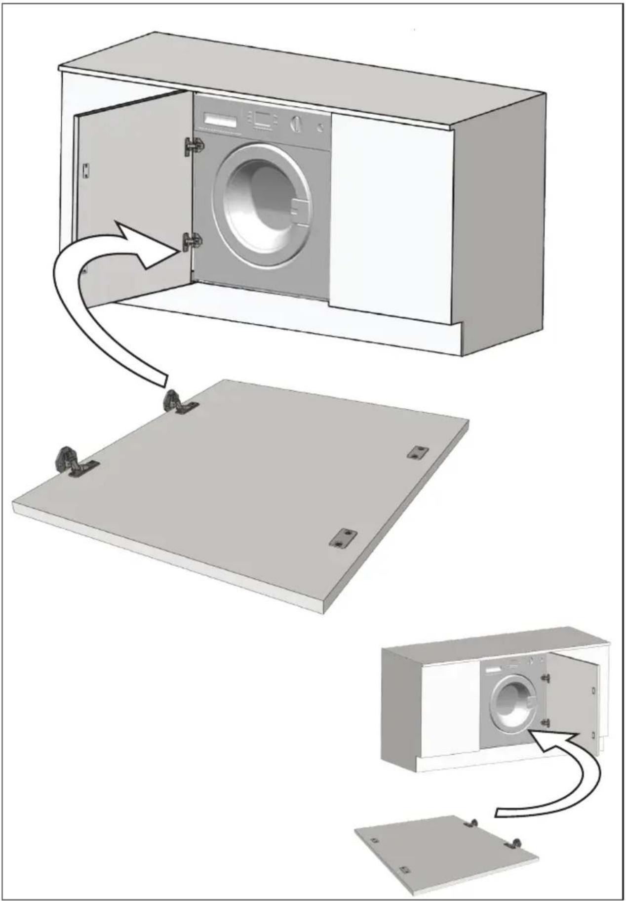 Diagram illustrating the installation of a washing machine with labeled components and directional arrows indicating motion.