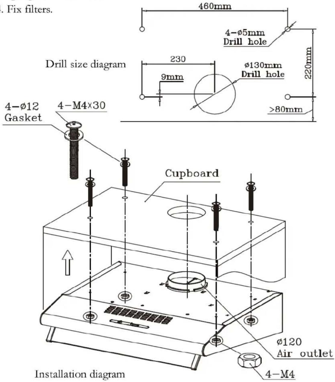 . Fix filters. Drill size diagram 4-Ø12 Gasket 4-M4×30 Cupboard 4-Ø5mm Drill hole 230 9mm Ø130mm Drill hole >80mm 460mm 220mm φ120 Air outlet 4-M4 Installation diagram