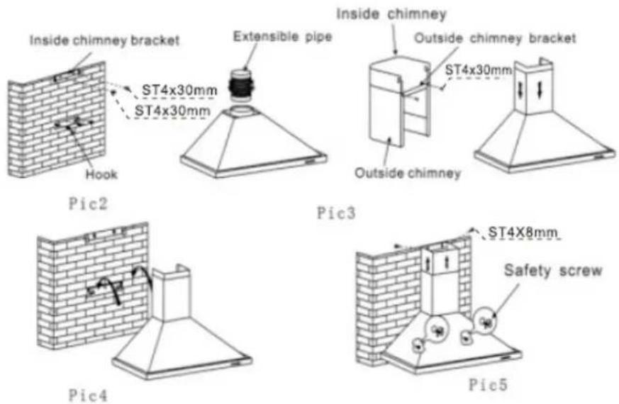 Inside chimney bracket ST4x30mm ST4x30mm Hook Pik2 Extensible pipe Inside chimney Outside chimney bracket ST4x30mm Outside chimney Pic3 St4X8mm Safety screw Pic4 Pic5
