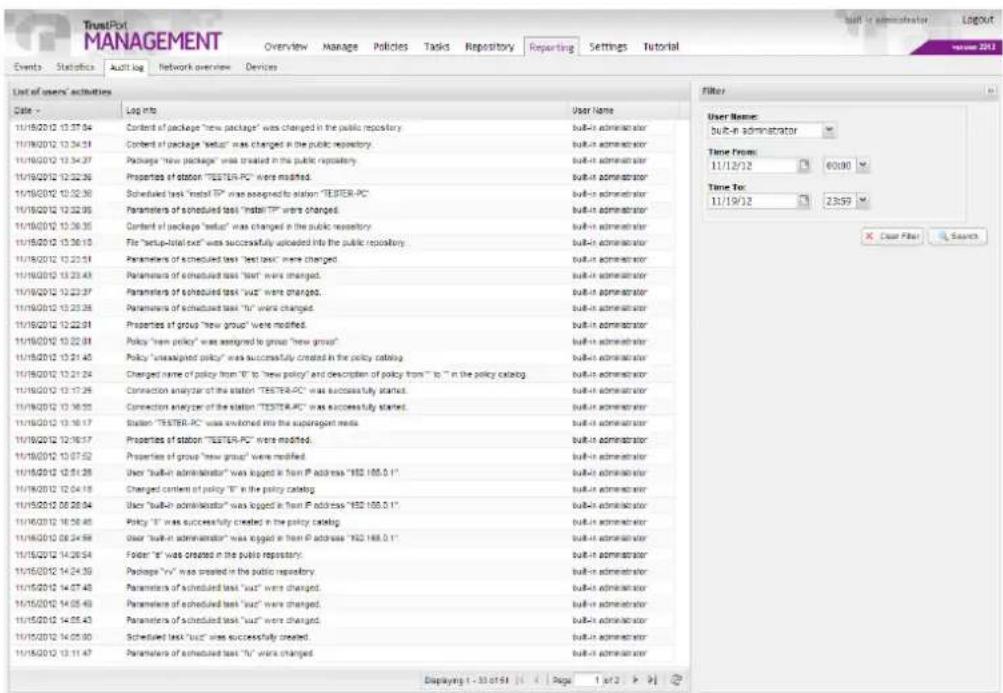 TrustPol MANAGEMENT Overview Manage Policies Tasks Repository Reporting Settings Tutorial Eventa Statistics Audit log Network overview Devices List of users' activities Date - Log info User Name 11/18/2012 13:37:54 Content of package "new package" was changed in the public repository. built-in administrator 11/18/2012 13:34:51 Content of package "setup" was changed in the public repository. built-in administrator 11/18/2012 13:34:57 Package "new package" was created in the public repository. built-in administrator 11/18/2012 13:32:56 Properties of station "TESTER-PC" were modified. built-in administrator 11/18/2012 13:32:59 Scheduled test "instal TP" was assigned to station "TESTER-PC" built-in administrator 11/18/2012 13:32:55 Parameters of scheduled test "instal TP" were changed. built-in administrator 11/18/2012 13:36:55 Content of package "setup" was changed in the public repository. built-in administrator 11/18/2012 13:36:50 File "setup-total text" was successfully uploaded into the public repository. built-in administrator 11/18/2012 13:33:51 Parameters of scheduled test "test text" were changed. built-in administrator 11/18/2012 13:33:43 Parameters of scheduled test "test" were changed. built-in administrator 11/18/2012 13:33:37 Parameters of scheduled test "test" were changed. built-in administrator 11/18/2012 13:33:35 Parameters of scheduled test "test" were changed. built-in administrator 11/18/2012 13:33:31 Properties of group "new group" were modified. built-in administrator 11/18/2012 13:32:58 Policy "new policy" was assigned to group "new group" built-in administrator 11/18/2012 13:31:45 Policy "unassigned policy" was successfully created in the policy catalog. built-in administrator 11/18/2012 13:31:24 Changed name of policy from "0" to "new policy" and description of policy from "0" to "in" in the policy catalog. built-in administrator 11/18/2012 13:37:26 Connection analyzer of the station "TESTER-PC" was successfully started. built-in administrator 11/18/2012 13:36:55 Connection analyzer of the station "TESTER-PC" was successfully started. built-in administrator 11/18/2012 13:36:57 Station "TESTER-PC" was switched into the superagent media. built-in administrator 11/18/2012 13:36:57 Properties of station "TESTER-PC" were modified. built-in administrator 11/18/2012 13:07:52 Properties of group "new group" were modified. built-in administrator 11/18/2012 13:07:58 User "button administrator" was logged in front IP address "952.168.0.1" built-in administrator 11/18/2012 13:04:58 Changed content of policy "0" in the policy catalog. built-in administrator 11/18/2012 08:08:54 User "button administrator" was logged in front IP address "952.168.0.1" built-in administrator 11/18/2012 08:06:46 Policy "0" was successfully created in the policy catalog. built-in administrator 11/18/2012 08:04:56 User "button administrator" was logged in front IP address "952.168.0.1" built-in administrator 11/18/2012 08:04:54 Folder "0" was created in the public repository. built-in administrator 11/18/2012 08:04:59 Packages "nV" was created in the public repository. built-in administrator 11/18/2012 08:07:48 Parameters of scheduled test "nV" were changed. built-in administrator 11/18/2012 08:05:49 Parameters of scheduled test "nV" were changed. built-in administrator 11/18/2012 08:05:43 Parameters of scheduled test "nV" were changed. built-in administrator 11/18/2012 04:05:50 Scheduled test "nV" was successfully created. built-in administrator Build-in administrator
