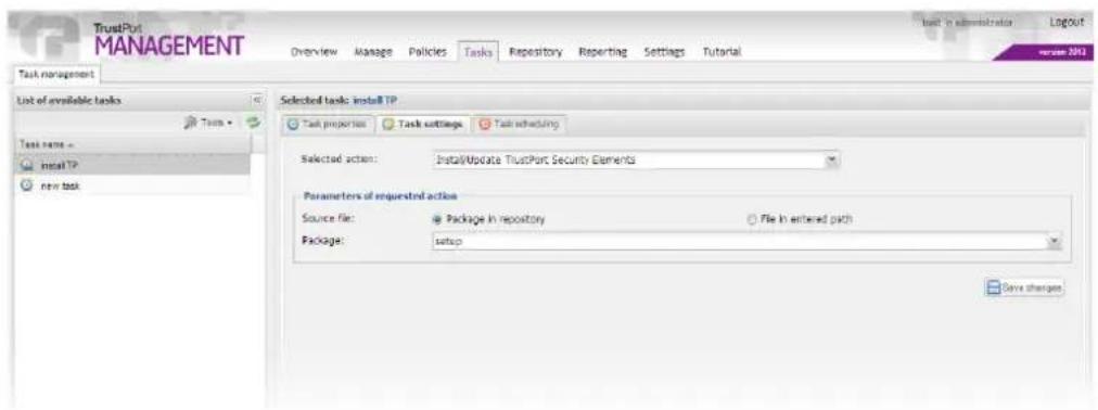 TrustPort MANAGEMENT Overview Manage Policies Tasks Repository Reporting Settings Tutorial last in administrator Layout review 2013 Task management List of available tasks Task name = Install TP new task Selected tasks install TP Task properties Task settings Task scheduling Selected action: Install/Update TrustPort Security Elements Parameters of requested action Source file: Package in repository File in entered pick Package: setup Save changes