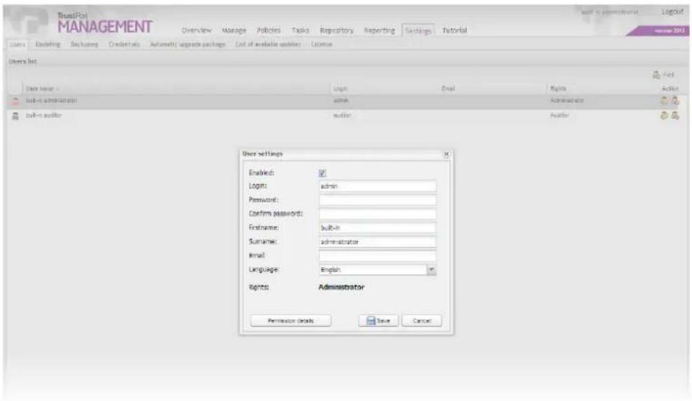 TrustFol MANAGEMENT Overview Manage Policies Tasks Repository Reporting Settings Tutorial Users List Data Name: Build-in administration Build-in auditor User settings Enabled: ✓ Login: admin Password: Confirm passwords: Firstname: built-in Surname: administrator Email: Language: English Rights: Administrator Permission details Save Cancel