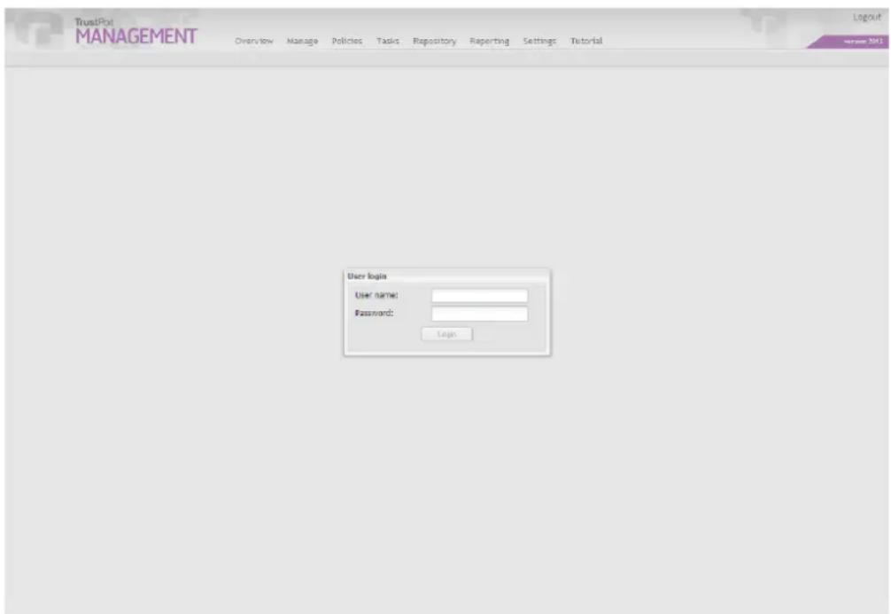 TrustPol MANAGEMENT Overview Manage Policies Tasks Repository Reporting Settings Tutorial User login User name: Password: Login Layout www.mfi