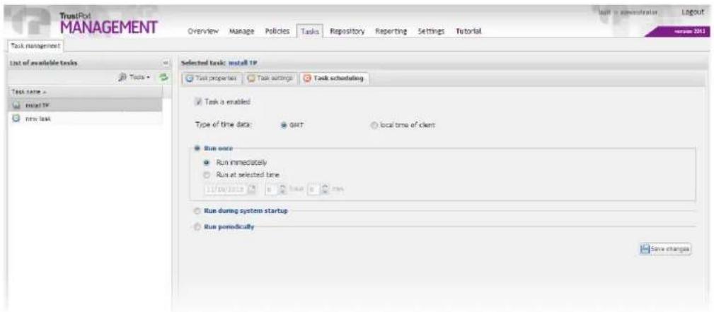 TrustPort MANAGEMENT Overview Manage Policies Tasks Repository Reporting Settings Tutorial Build in administrator Layout www.2013 Task management List of available tasks Test name: Initial IP new task Selected tasks: install IP Task properties Task settings Task scheduling Task enabled Type of time data: GHT local time of client Run once Run immediately Run at selected time Run during system startup Run periodically Save changes