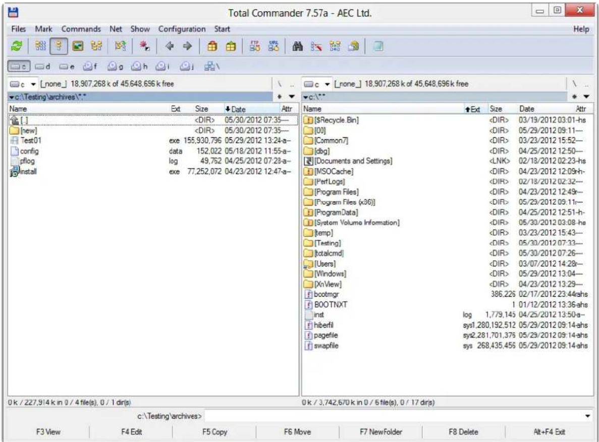 Total Commander 7.57a - AEC Ltd. Files Mark Commands Net Show Configuration Start Help c ▼ [none] 18,907,268 k of 45,648,696 k free c ▼ [none] 18,907,268 k of 45,648,696 k free * ▼ c:\Testing\archives\* Name Ext Size Date Attr [ ] 05/30/2012 07:35— [new] 05/30/2012 07:35— Test01 exe 155,930,796 05/29/2012 13:24-a— config data 152,022 05/18/2012 11:55-a— pfllog log 49,752 04/25/2012 07:28-a— install exe 77,252,072 04/23/2012 12:47-a— Name Ext Size Date Attr [$Recycle Bin] 03/19/2012 03:01-hs [00] 05/29/2012 09:11— [Common7] 03/23/2012 15:52— [dbg] 04/25/2012 12:50— [Documents and Settings] 02/18/2012 02:23-hs [MSOCache] 04/23/2012 12:09-h- [PerfLogs] 02/18/2012 02:32— [Program Files] 04/23/2012 12:49h— [Program Files (x36)] 05/29/2012 09:11r— [ProgramData] 04/25/2012 12:51-h- [System Volume Information] 05/30/2012 03:08-hs [temp] 03/23/2012 15:43— [Testing] 05/30/2012 07:33— [totalcmd] 05/30/2012 07:26— [Users] 03/07/2012 14:28r— [Windows] 05/29/2012 13:04— [XnView] 04/23/2012 13:29— bootmgr 386,226 02/17/2012 23:44ahs BOOTNXT 1 01/12/2012 13:36-ahs inst log 1,779,145 04/25/2012 13:50-a- hiberfil sys1,280,192,512 05/29/2012 09:14-ahs pagefile sys2,281,701,375 05/29/2012 09:14-ahs swapfile sys 268,435,456 05/29/2012 09:14-ahs 0 k / 227,914 k in 0 / 4 file(s), 0 / 1 dir(s) 0 k / 3,742,670 k in 0 / 6 file(s), 0 / 17 dir(s) c:\Testing\archives> F3 View F4 Edit F5 Copy F6 Move F7 NewFolder F8 Delete Alt+F4 Exit