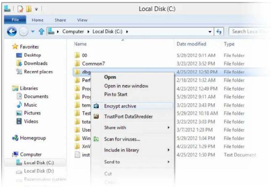 Local Disk (C:) File Home Share View Computer Local Disk (C:) Search Local Favorites Desktop Downloads Recent places Libraries Documents Music Pictures Videos Homegroup Computer Local Disk (C:) Local Disk (D:) Rezegovina system Open Open in new window Pin to Start Encrypt archive TrustPort DataShredder Share with Scan for viruses... Include in library Send to Cut Date modified Type 5/29/2012 9:11 AM 3/23/2012 3:52 PM 4/25/2012 12:50 PM File folder 2/18/2012 1:32 AM 4/23/2012 12:49 PM 5/29/2012 9:11 AM 3/23/2012 3:43 PM 5/29/2012 10:18 AM 3/23/2012 3:03 PM 3/7/2012 1:28 PM 5/29/2012 1:04 PM 4/23/2012 1:29 PM 4/25/2012 1:50 PM File folder File folder File folder File folder File folder Text Document