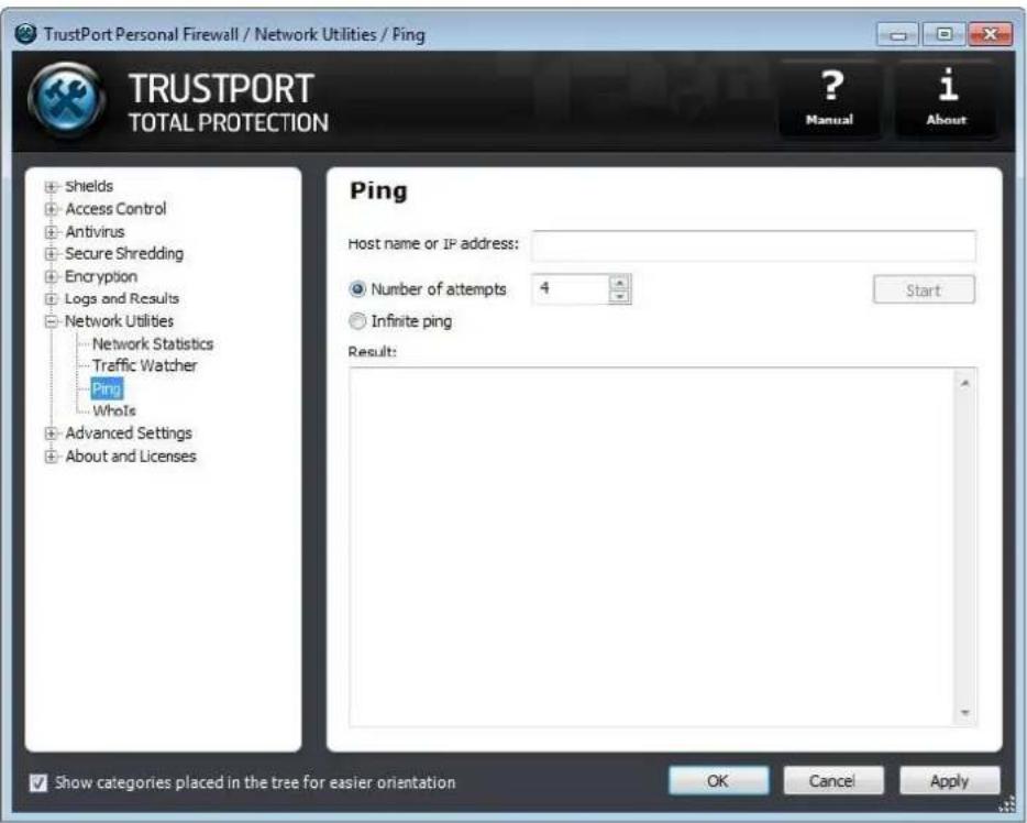 TrustPort Personal Firewall / Network Utilities / Ping TRUSTPORT TOTAL PROTECTION ? Manual i About Shields Access Control Antivirus Secure Shredding Encryption Logs and Results Network Utilities Network Statistics Traffic Watcher Ping WhoIs Advanced Settings About and Licenses Ping Host name or IF address: Number of attempts 4 Infinite ping Result: Show categories placed in the tree for easier orientation OK Cancel Apply