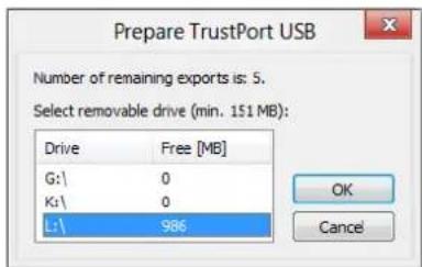 Prepare TrustPort USB Number of remaining exports is: 5. Select removable drive (min. 151 MB): Drive Free [MB] G:\ 0 K:\ 0 L:\ 986 OK Cancel