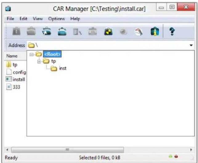 CAR Manager [C:\Testing\install.car] File Edit View Options Help Address Name tp config install 333 tp inst Ready Selected 0 files, 0 kB