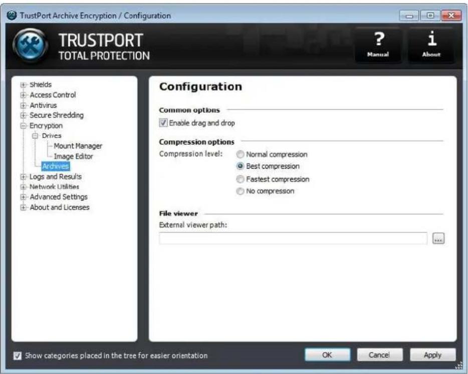 TrustPort Archive Encryption / Configuration TRUSTPORT TOTAL PROTECTION ? Manual i About + Shields + Access Control + Antivirus + Secure Shredding + Encryption Drives Mount Manager Image Editor Archives + Logs and Results + Network Utilities + Advanced Settings + About and Licenses Configuration Common options ✓ Enable drag and drop Compression options Compression level: Normal compression Best compression Fastest compression No compression File viewer External viewer path: ✓ Show categories placed in the tree for easier orientation OK Cancel Apply