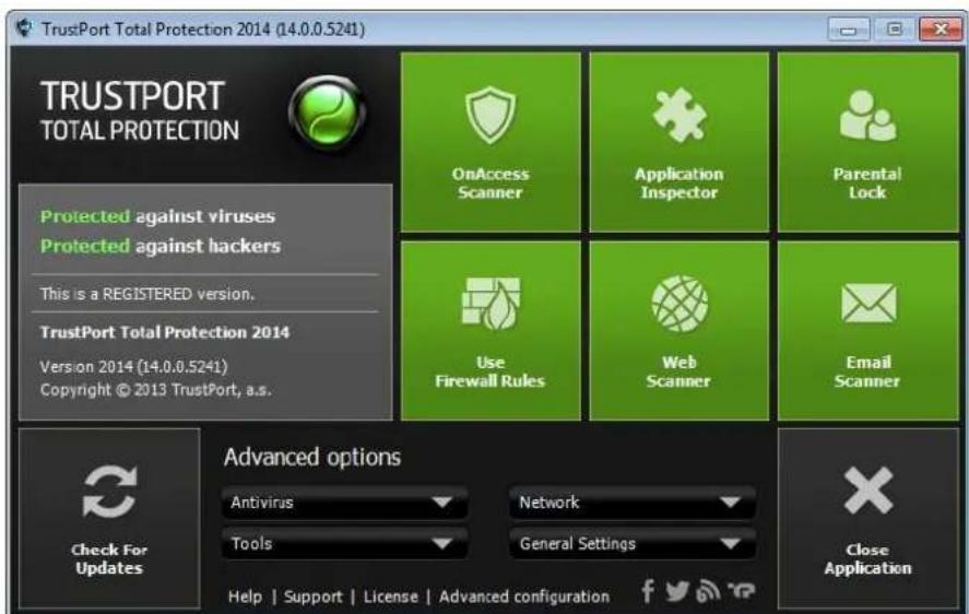 TrustPort Total Protection 2014 (14.0.0.5241) TRUSTPORT TOTAL PROTECTION Protected against viruses Protected against hackers This is a REGISTERED version. TrustPort Total Protection 2014 Version 2014 (14.0.0.5241) Copyright © 2013 TrustPort, a.s. OnAccess Scanner Application Inspector Parental Lock Use Firewall Rules Web Scanner Email Scanner Advanced options Antivirus Network Tools General Settings Check For Updates Help | Support | License | Advanced configuration Close Application