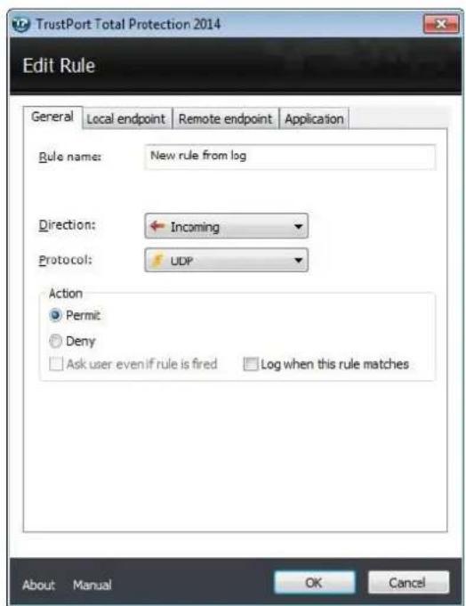 TrustPort Total Protection 2014 Edit Rule General Local endpoint Remote endpoint Application Rule name:New rule from log Direction:Incoming Protocol:UDP Action Permit Deny Ask user even if rule is fired Log when this rule matches About Manual OK Cancel