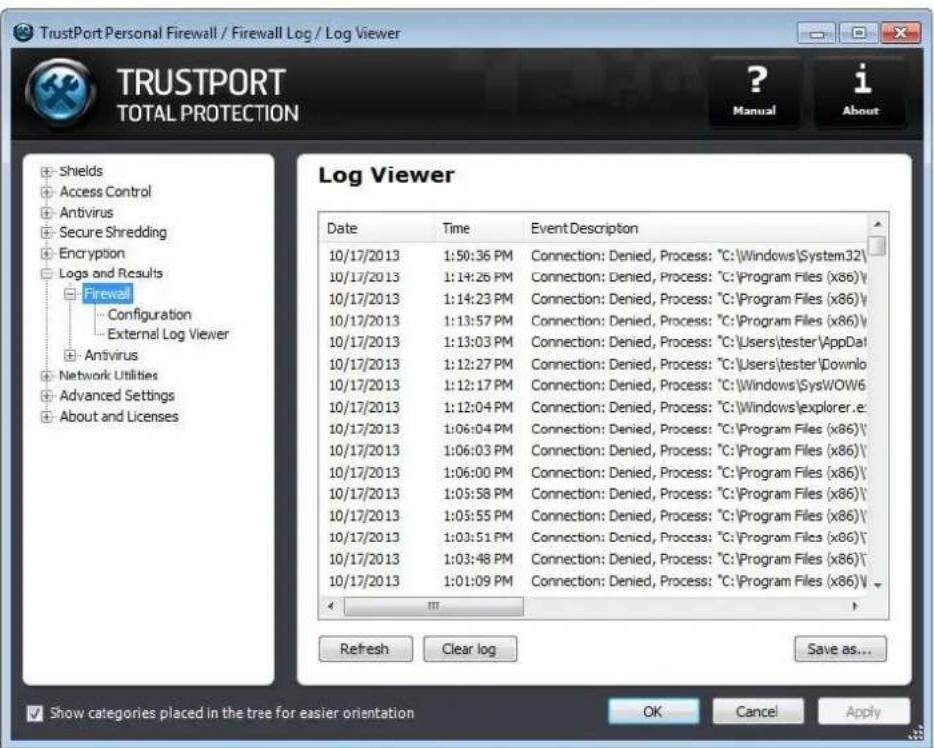 TrustPort Personal Firewall / Firewall Log / Log Viewer TRUSTPORT TOTAL PROTECTION ? Manual i About Log Viewer Date Time Event Description 10/17/2013 1:50:36 PM Connection: Denied, Process: "C:\Windows\System32" 10/17/2013 1:14:26 PM Connection: Denied, Process: "C:\Program Files (x86)\" 10/17/2013 1:14:23 PM Connection: Denied, Process: "C:\Program Files (x86)\" 10/17/2013 1:13:57 PM Connection: Denied, Process: "C:\Program Files (x86)\" 10/17/2013 1:13:03 PM Connection: Denied, Process: "C:\Users\tester\AppData\" 10/17/2013 1:12:27 PM Connection: Denied, Process: "C:\Users\tester\Downlo" 10/17/2013 1:12:17 PM Connection: Denied, Process: "C:\Windows\SysWOW6" 10/17/2013 1:12:04 PM Connection: Denied, Process: "C:\Windows\explorer.e" 10/17/2013 1:06:04 PM Connection: Denied, Process: "C:\Program Files (x86)\" 10/17/2013 1:06:03 PM Connection: Denied, Process: "C:\Program Files (x86)\" 10/17/2013 1:06:00 PM Connection: Denied, Process: "C:\Program Files (x86)\" 10/17/2013 1:05:58 PM Connection: Denied, Process: "C:\Program Files (x86)\" 10/17/2013 1:05:55 PM Connection: Denied, Process: "C:\Program Files (x86)\" 10/17/2013 1:03:51 PM Connection: Denied, Process: "C:\Program Files (x86)\" 10/17/2013 1:03:48 PM Connection: Denied, Process: "C:\Program Files (x86)\" 10/17/2013 1:01:09 PM Connection: Denied, Process: "C:\Program Files (x86)\" Refresh Clear log Save as... Show categories placed in the tree for easier orientation OK Cancel Apply