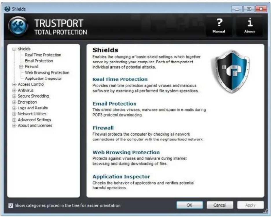 Shields TRUSTPORT TOTAL PROTECTION ? Manual i About Shields Enables the changing of basic shield settings which together serve by protecting your computer. Each of them protect individual areas of potential attacks. Real Time Protection Provides real-time protection against viruses and malicious software by examining all performed file system operations. Email Protection This shield checks viruses, malware and spam in e-mails during POP3 protocol downloading. Firewall Firewall protects the computer by checking all network connections of the computer with the neighbourhood network. Web Browsing Protection Protects against viruses and malware during internet browsing and during downloading of files. Application Inspector Checks the behavior of applications and verifies potential harmful operations. Show categories placed in the tree for easier orientation OK Cancel Apply
