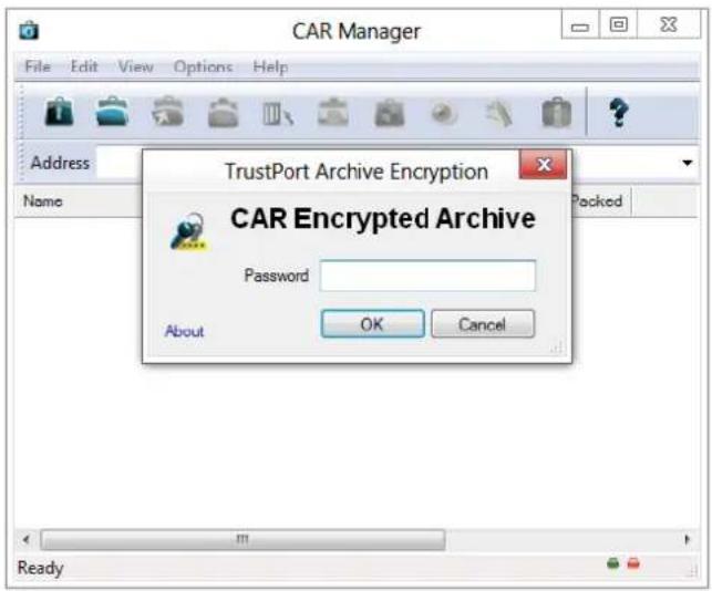 CAR Manager File Edit View Options Help Address Name TrustPort Archive Encryption CAR Encrypted Archive Password About OK Cancel Ready