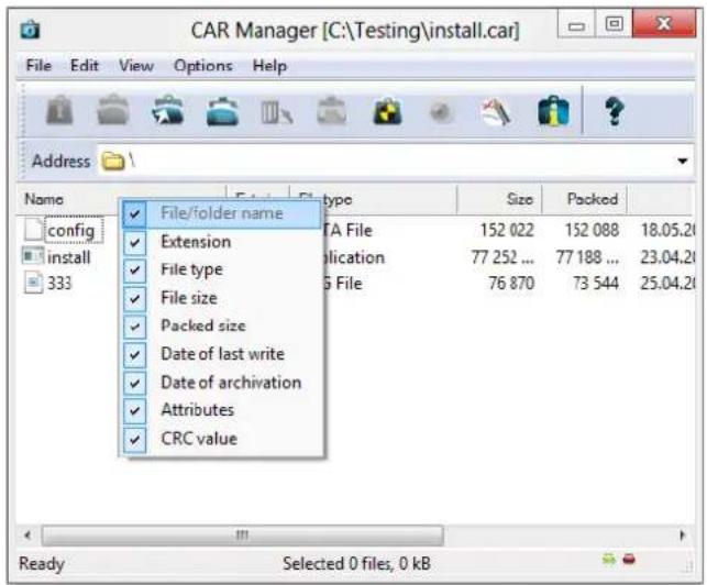 CAR Manager [C:\Testing\install.car] File Edit View Options Help Address Name config install 333 File/folder name Extension File type File size Packed size Date of last write Date of archivation Attributes CRC value TA File 152 022 152 088 18.05.20 Application 77 252 ... 77 188 ... 23.04.20 G File 76 870 73 544 25.04.20 Size Packed Ready Selected 0 files, 0 kB