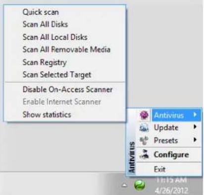 Quick scan Scan All Disks Scan All Local Disks Scan All Removable Media Scan Registry Scan Selected Target Disable On-Access Scanner Enable Internet Scanner Show statistics Antivirus Update Presets Configure Exit 11:15 AM 4/26/2012