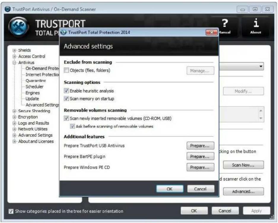 TrustPort Antivirus / On-Demand Scanner TRUSTPORT TOTAL P TrustPort Total Protection 2014 Advanced settings Exclude from scanning Objects (files, folders) Manage... Scanning options Enable heuristic analysis Scan memory on startup Removable volumes scanning Scan newly inserted removable volumes (CD-ROM, USB) Ask before scanning of removable volumes Additional features Prepare TrustPort USB Antivirus Prepare BartPE plugin Prepare Windows PE CD Prepare... OK Cancel Show categories placed in the tree for easier orientation OK Cancel Apply