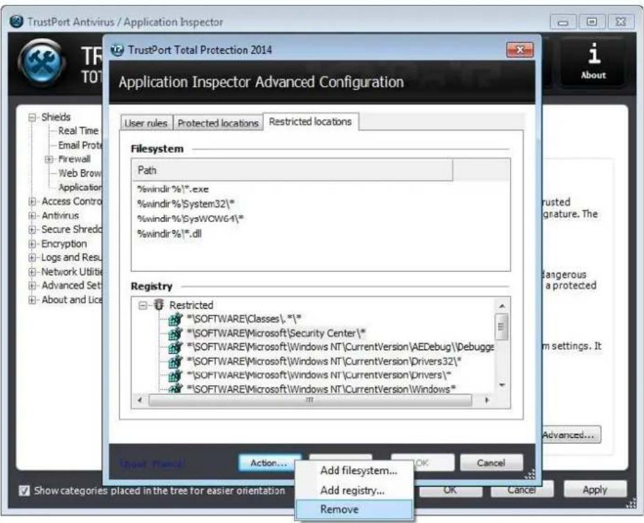 TrustPort Antivirus / Application Inspector TrustPort Total Protection 2014 Application Inspector Advanced Configuration User rules Protected locations Restricted locations Filesystem Path %windir %]*.exe %windir %System32\* %windir %SysWCW64\* %windir %*.dll Registry Restricted *\SOFTWARE\Classes\.** *\SOFTWARE\Microsoft\Security Center\* *\SOFTWARE\Microsoft\Windows NT\CurrentVersion\AEDbug\Debuggs *\SOFTWARE\Microsoft\Windows NT\CurrentVersion\Drivers32\* *\SOFTWARE\Microsoft\Windows NT\CurrentVersion\Drivers\* *\SOFTWARE\Microsoft\Windows NT\CurrentVersion\Windows* Add filesystem... Add registry... Remove Show categories placed in the tree for easier orientation OK Cancel Apply