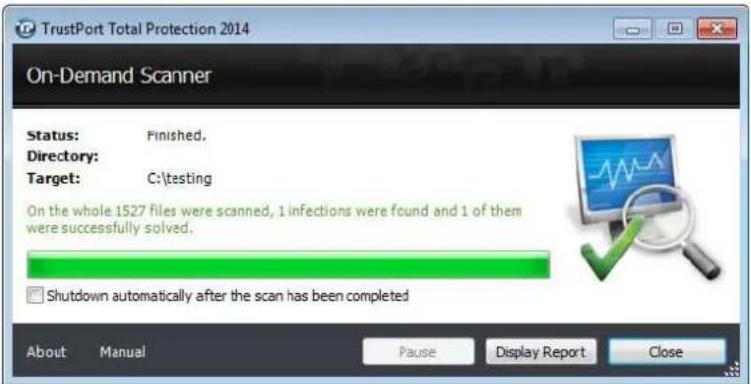 TrustPort Total Protection 2014 On-Demand Scanner Status: Finished. Directory: Target: C:\testing On the whole 1527 files were scanned, 1 infections were found and 1 of them were successfully solved. Shutdown automatically after the scan has been completed About Manual Pause Display Report Close