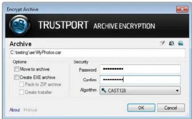 Encrypt Archive TRUSTPORT ARCHIVE ENCRYPTION Archive C:\testing\ae\MyPhotos.car Options Move to archive Create EXE archive Pack to ZIP archive Create Installer Security Password Confirm Algorithm CAST128 About Manus OK Cancel