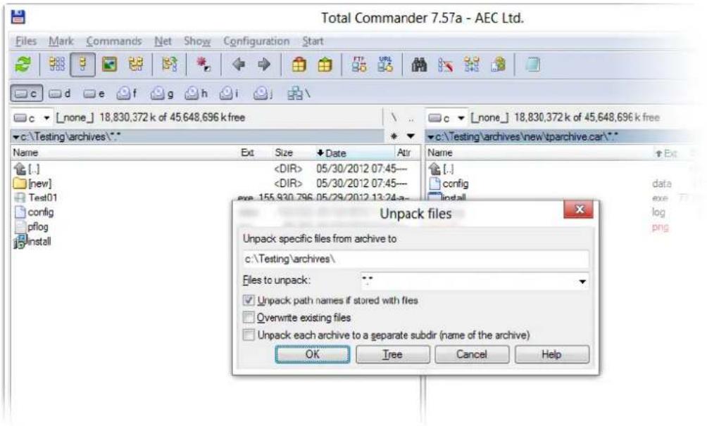 Total Commander 7.57a - AEC Ltd. Files Mark Commands Net Show Configuration Start c d e f g h i c _[none] 18,830,372 k of 45,648,696 k free c:\Testing\archives\* Name Ext Size Date Atr Name [.] 05/30/2012 07:45— [..] 05/30/2012 07:45— config exe 155.930.796.05/29/2012.13.24-a- data exe log png Install Unpack files Unpack specific files from archive to c:\Testing\archives\ Files to unpack: ** Unpack path names if stored with files Overwrite existing files Unpack each archive to a separate subdir (name of the archive) OK Tree Cancel Help