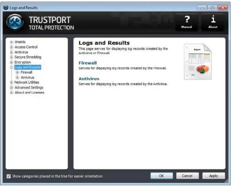 Logs and Results TRUSTPORT TOTAL PROTECTION Shields Access Control Antivirus Secure Shredding Encryption Logs and Results Firewall Antivirus Network Utilities Advanced Settings About and Licenses ? Manual i About Logs and Results This page serves for displaying log records created by the Antivirus or Firewall. Firewall Serves for displaying log records created by the Firewall. Antivirus Serves for displaying log records created by the Antivirus. Show categories placed in the tree for easier orientation OK Cancel Apply