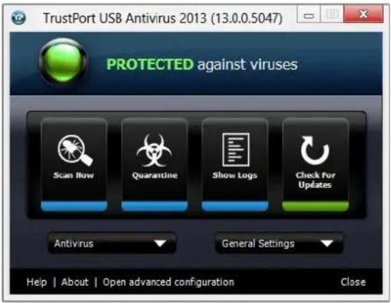 TrustPort USB Antivirus 2013 (13.0.0.5047) PROTECTED against viruses Scan flow Quarantine Show Logs Check for Updates Antivirus General Settings Help | About | Open advanced configuration Close