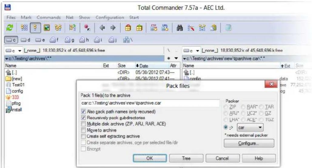 Total Commander 7.57a - AEC Ltd. Files Mark Commands Net Show Configuration Start c d e f g h 1 c ▼ [none] 18,830,852 k of 45,648,696 k free c:\Testing\archives\* Name Ext Size Date Attr [.] 05/30/2012 07:43--- [new] 05/30/2012 07:41--- config 333 pfllog Install Pack files Pack 1 file(s) to the archive car:c:\Testing\archives\new\tparchive.car ✓ Also pack path names (only recursed) ✓ Recursively pack gubdirectories □ Multiple disk archive (ZIP, ARJ, RAR, ACE) □ Mgo to archive □ Create self extracting archive □ Create separate archives, one per selected file/dir □ Encrypt OK Tree Cancel Help Packer ZIP RAR* TAR ARJ*_UC2*_GZ LHA*_ACE*_TGZ > car *needs external packer Configure... Size Ext Size [.] config data 77,252,678 77,252,678 45,762