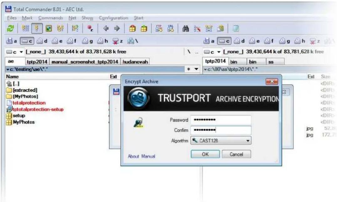 Total Commander 8.01 - AEC Ltd. Files Mark Commands Net Show Configuration Start a c d e f g h z c _none_ 39.430,644 k of 83.781,628 k free ae tptp2014 manual_screenshot_tptp2014 hudanovah c:\testing\ae\* Name Ext [..] [extracted] [MyPhotos] totalprotection tptotalprotection-setup setup MyPhotos Encrypt Archive TRUSTPORT ARCHIVE ENCRYPTION Password ********** Confirm ********** Algorithm CAST128 About Manual OK Cancel Ext Size .jpg 52.8 jpg 172.75