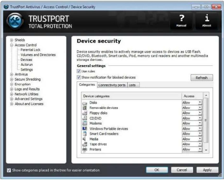 TrustPort Antivirus / Access Control / Device Security TRUSTPORT TOTAL PROTECTION ? Manual i About Device security Device security enables to actively manage user access to devices as USB flash. CD/DVD, Bluetooth, Smart cards, iPod, memory card readers and another multimedia storage devices. General settings Use rules Show notification for blocked devices Refresh Categories: Connectivity ports Lists Device categories Access Disks Allow Removable devices Allow Floppy disks Allow CD/DVD Allow Modems Allow Windows Portable devices Allow Smart Card readers Allow Media Allow Tape drives Allow Printers Allow Show categories placed in the tree for easier orientation OK Cancel Apply